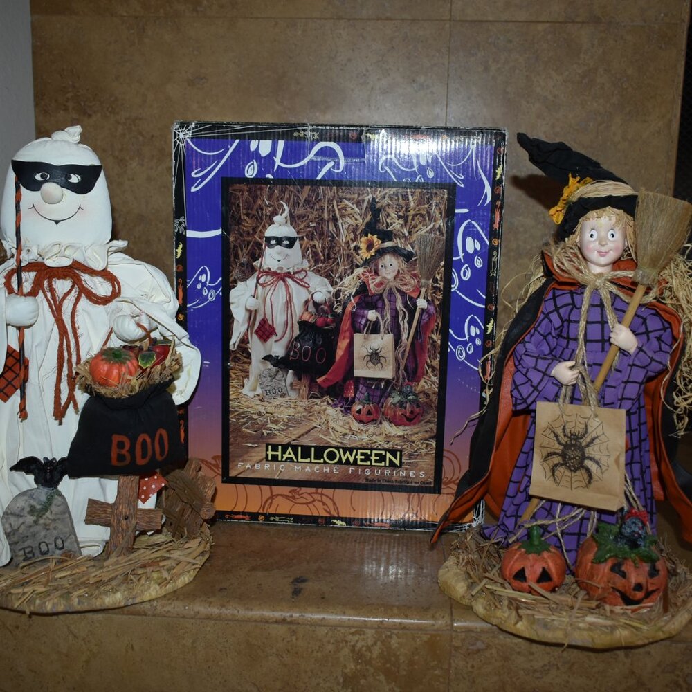 Vintage Halloween Witch & Ghost Resin Fabric Mache statue Figure Large Set 13"
